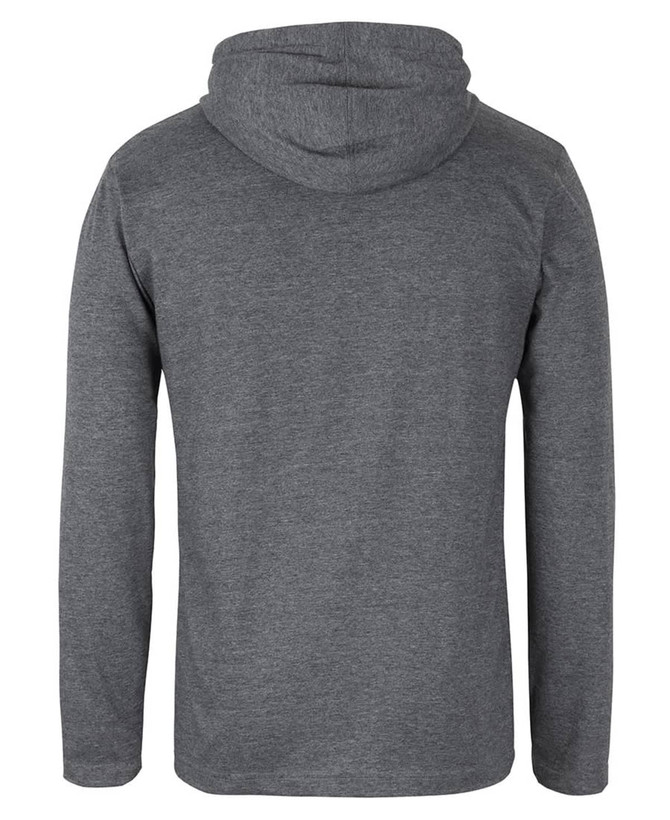 A grey long-sleeve hooded tee with a back view, featuring a simple design and a logo.