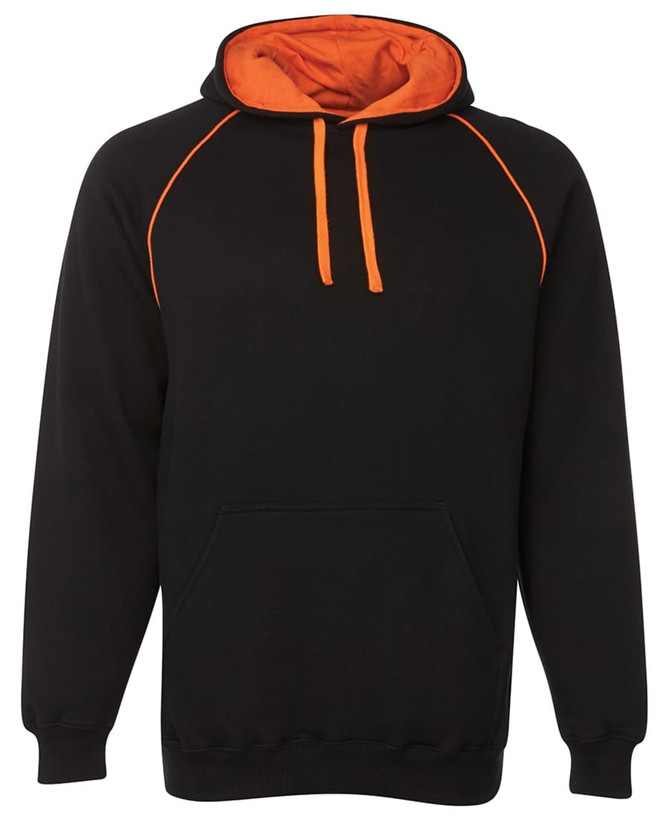 A black hoodie featuring an orange contrast lining and drawstrings, with a front pocket and a branded logo.