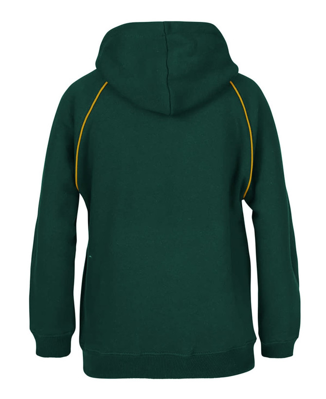 A green hoodie with a contrast yellow trim and a spacious hood, featuring a logo on the back.