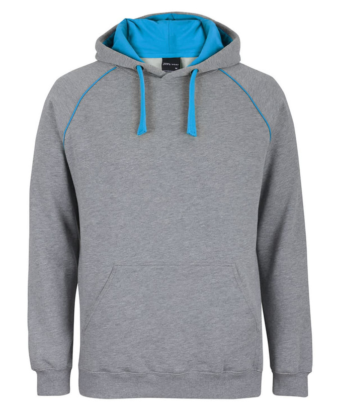 A grey hoodie with a contrasting blue inner hood and piping, featuring a front pocket and a logo.