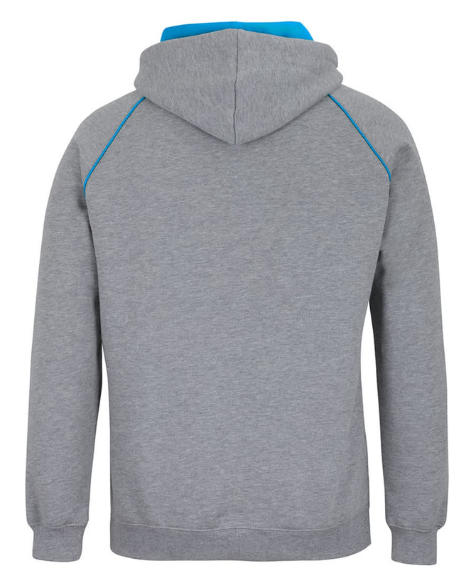 A grey hoodie with a blue contrast hood and detailing, featuring a logo. The back view shows the design and fit.