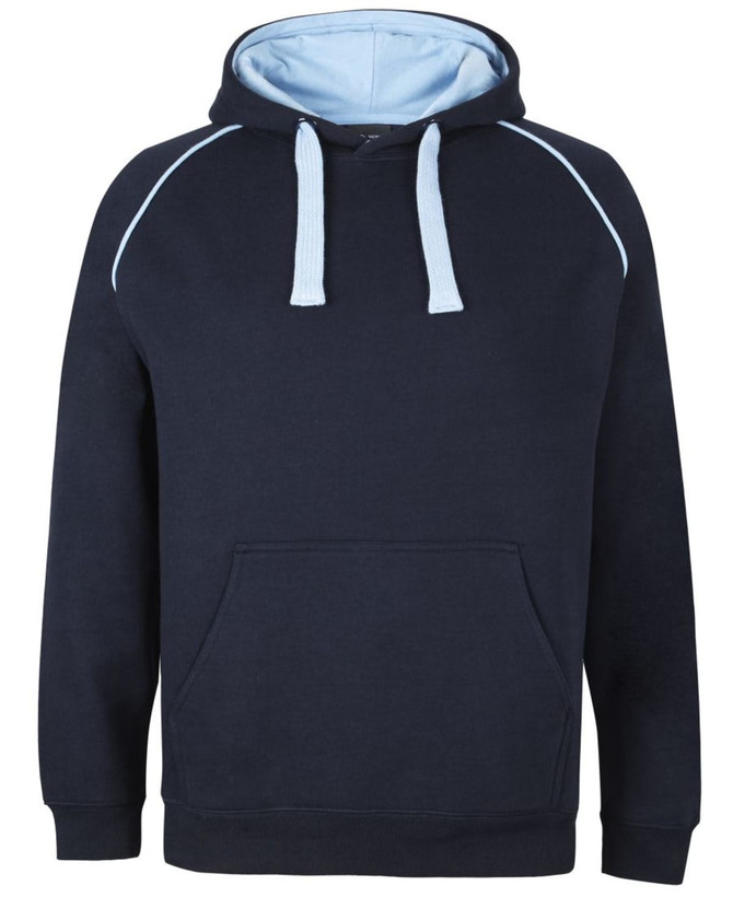 A navy hoodie featuring a light blue lining, with a front pocket and a contrasting design. It has a logo.