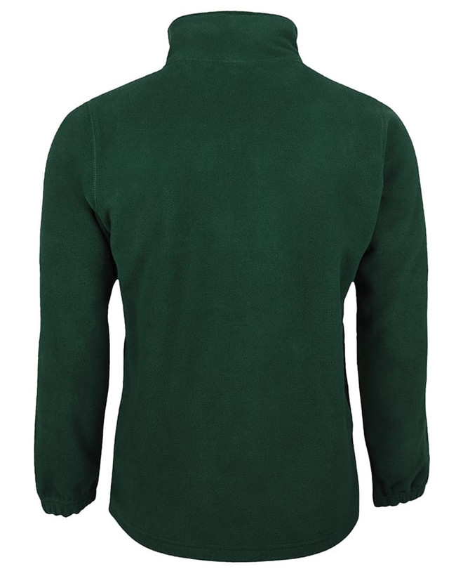 A dark green polar fleece jacket with a high collar and long sleeves, featuring a logo on the back.