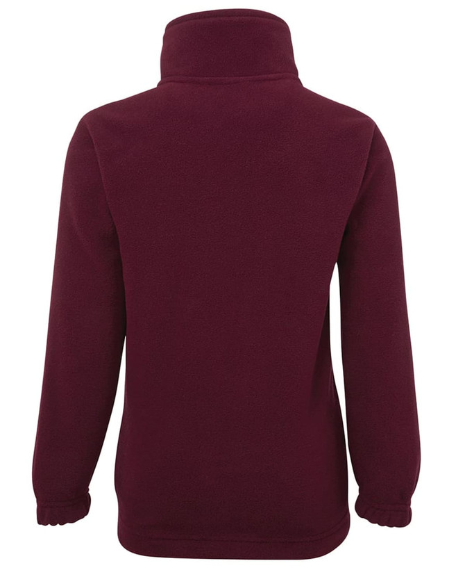 A burgundy polar fleece jacket with a high collar and long sleeves, featuring a logo.