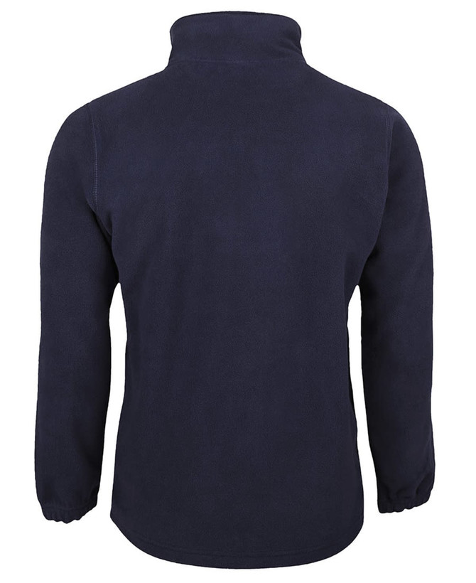 A navy polar fleece jacket featuring a high collar and long sleeves, with a branding logo on it.