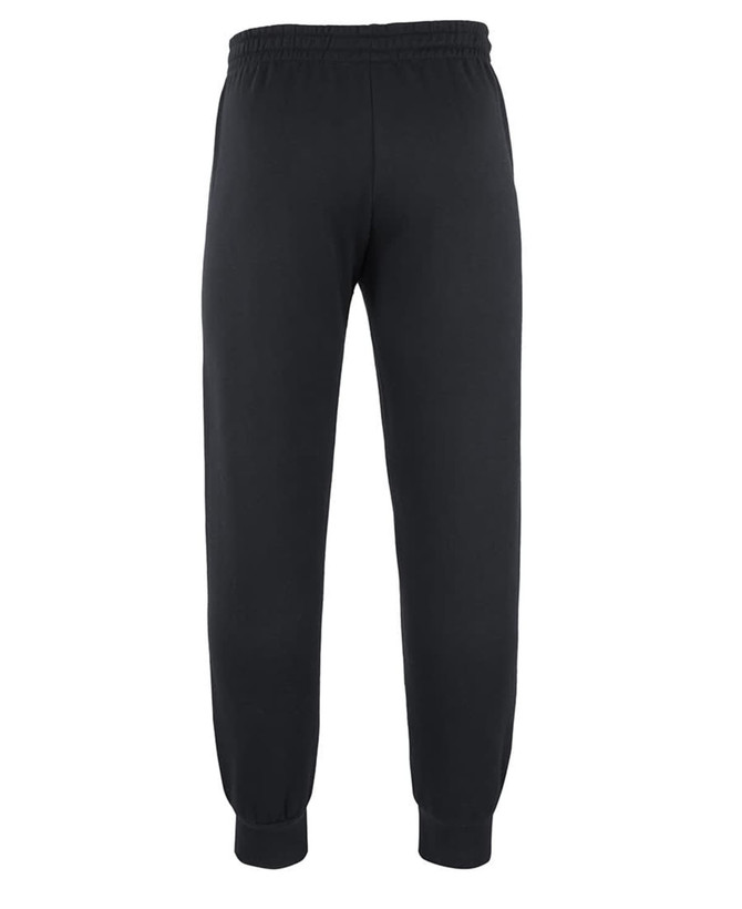 Black track pants with an elasticated waistband and cuffs, featuring a logo on the side.