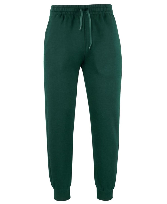 Green track pants with a drawstring waist and cuffed ankles, featuring a small logo.