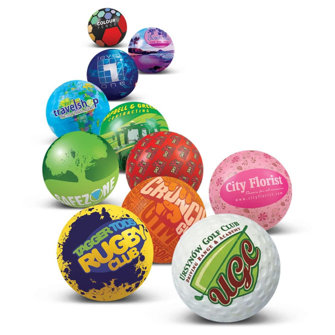 A collection of colourful stress balls in various designs and patterns, featuring different logos and branding.