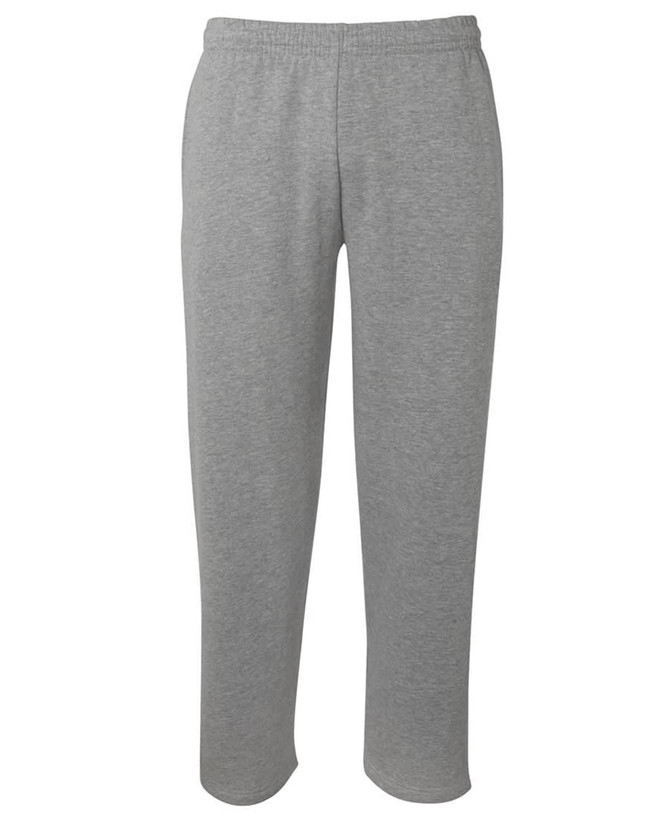 A pair of grey track pants with an elastic waistband, featuring a simple design and no pockets.