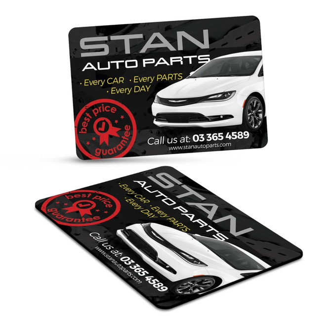 A rectangular fridge magnet featuring a car image and a logo, primarily in black, with white and red accents.
