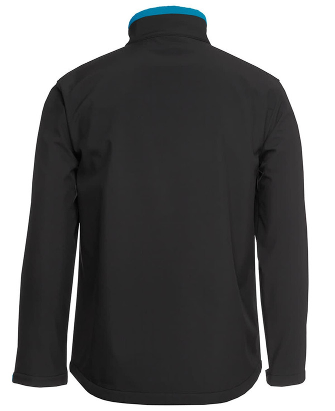 A black soft shell jacket featuring a contrasting blue collar and a logo. The back view showcases its sleek design.