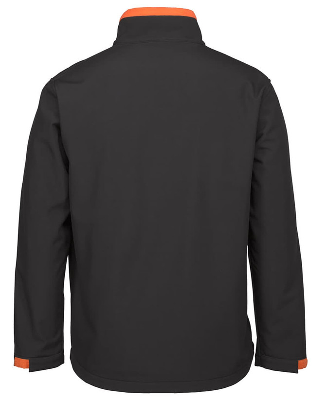 A black soft shell jacket with orange accents, featuring a collar and long sleeves. It has a logo on the back.