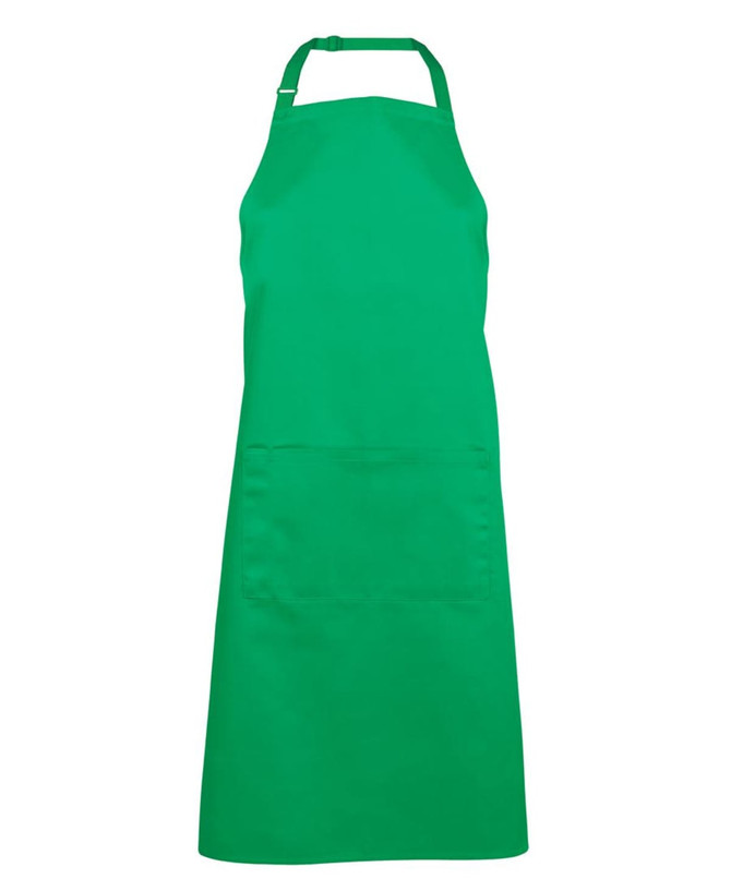 A bright green apron featuring a front pocket and an adjustable neck strap, with a logo present.
