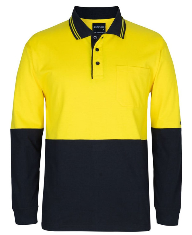 A long-sleeve cotton polo shirt in yellow and navy blue, featuring a pocket and a branding logo.