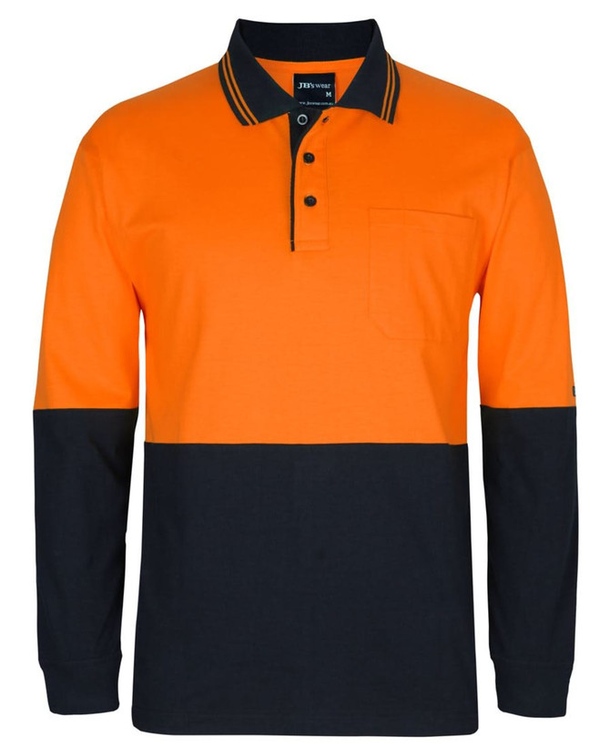 A long-sleeve work polo shirt in vibrant orange and navy blue, featuring a pocket and a logo on the sleeve.