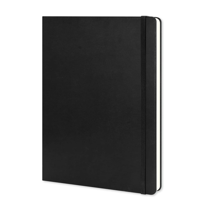 A black Moleskine Classic Hard Cover Notebook in extra large size, featuring a logo and an elastic closure.