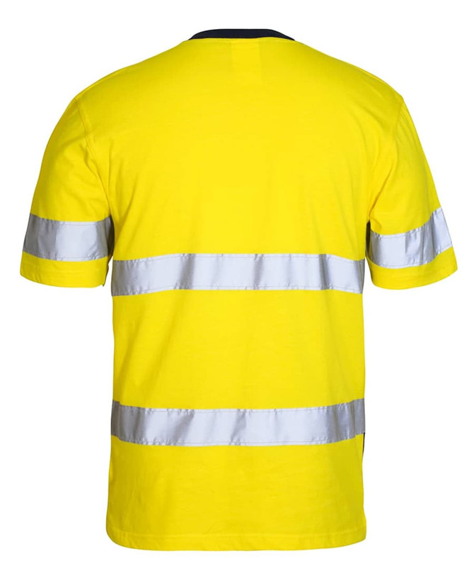 A bright yellow work t-shirt featuring silver reflective stripes, suitable for high visibility. It has a logo on it.