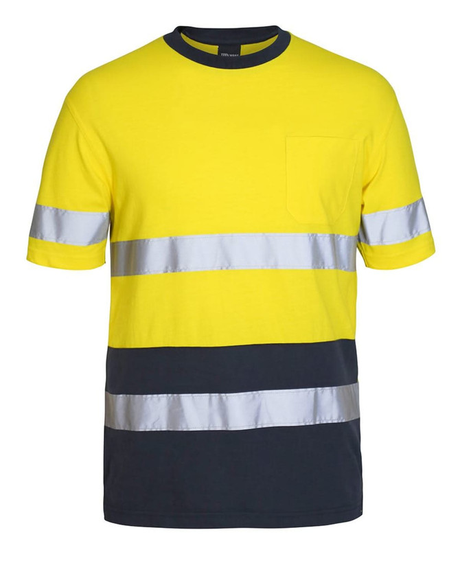 A high-visibility yellow and navy cotton T-shirt featuring reflective strips and a pocket. Includes a logo.