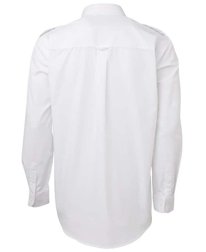 A white button-up shirt with long sleeves, featuring a back yoke and a logo.