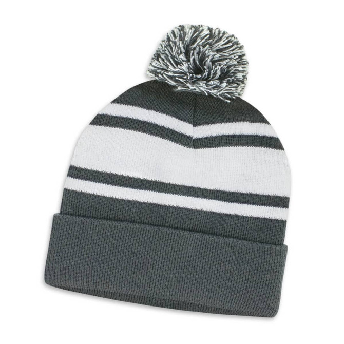 A green and white beanie with a pom pom on top and horizontal stripes. It features a folded cuff.