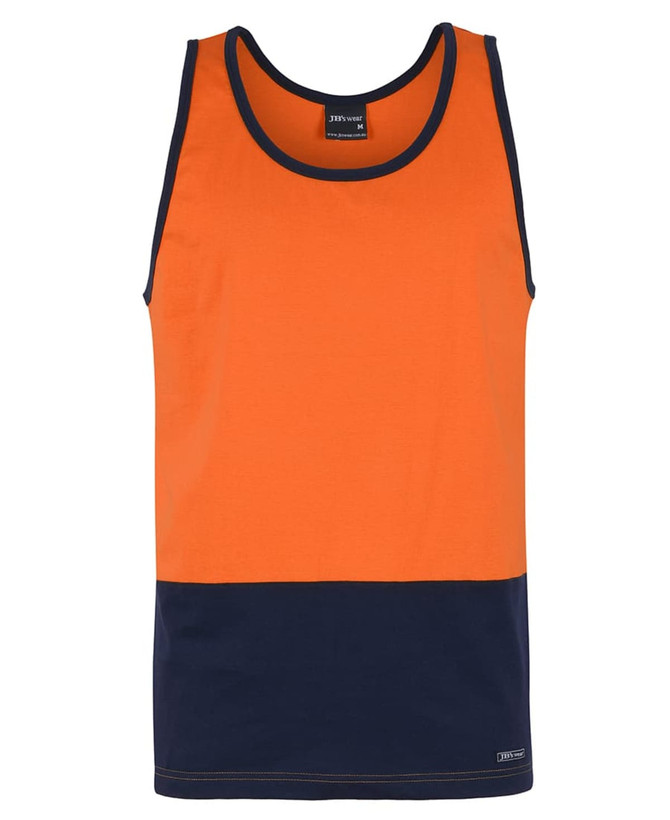An orange and navy work singlet featuring a logo. Ideal for warm weather and active environments.