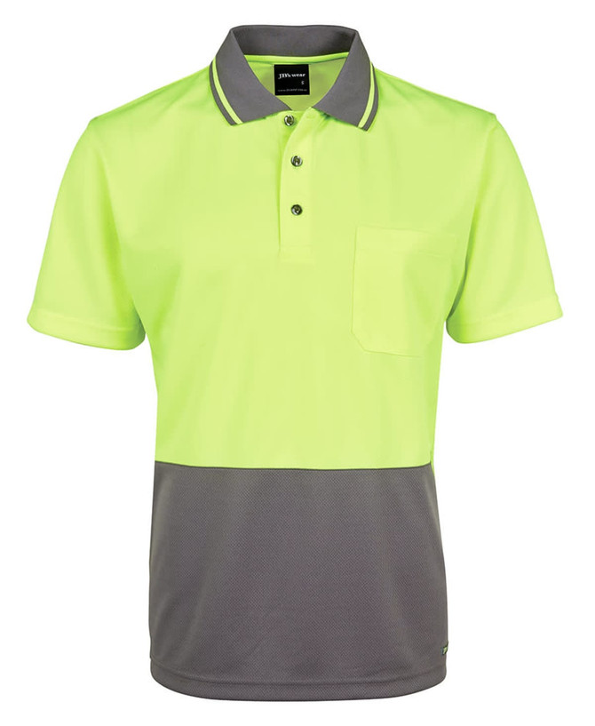 A bright yellow and grey work polo shirt with a collar and a pocket, featuring a logo.