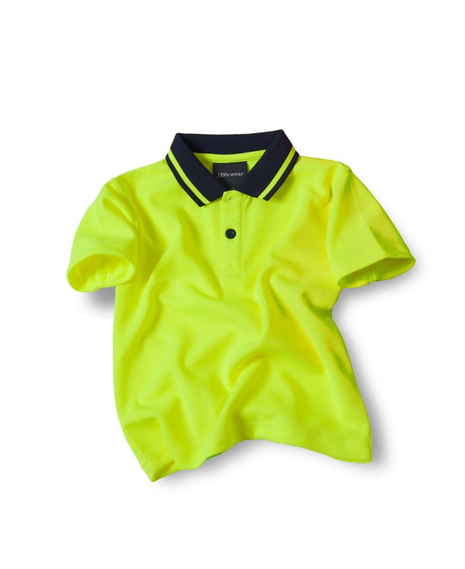 A bright yellow work polo shirt with a navy collar and a small logo.