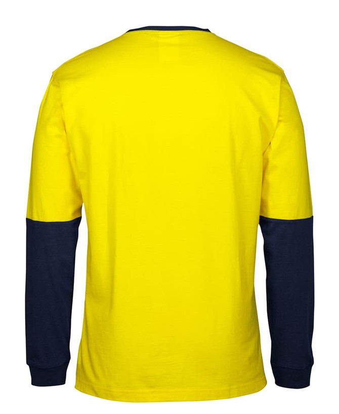 A long-sleeve crew neck cotton T-shirt in yellow with navy blue sleeves, featuring a logo.