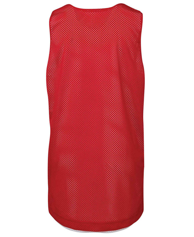 A red singlet featuring a mesh design and a logo on the back.