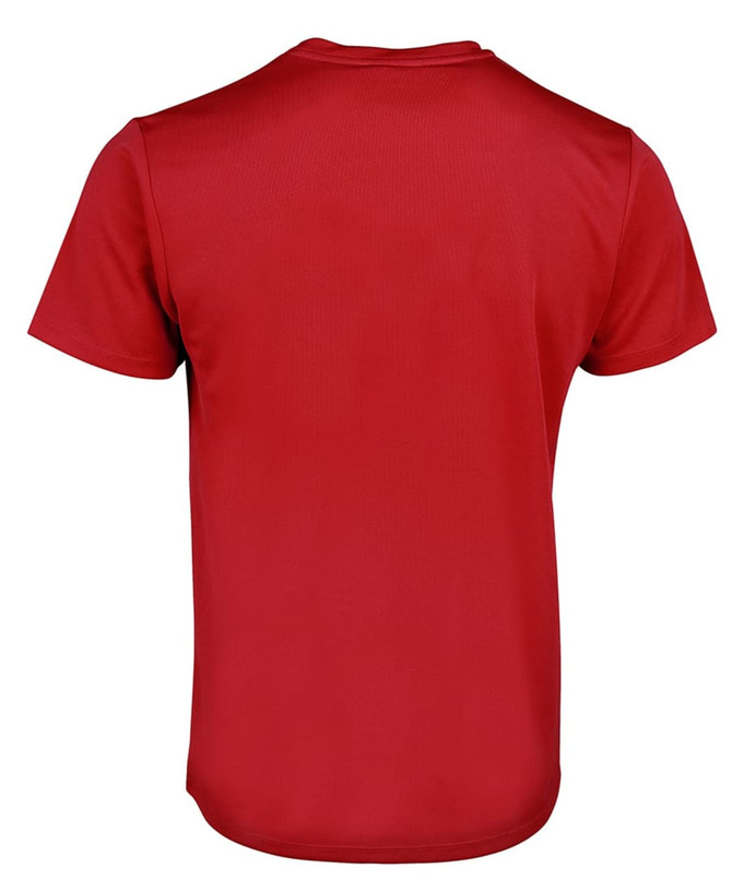 A red T-shirt featuring a plain back design and a brand logo.