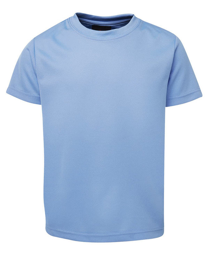 A light blue t-shirt with short sleeves, featuring a logo on the front.