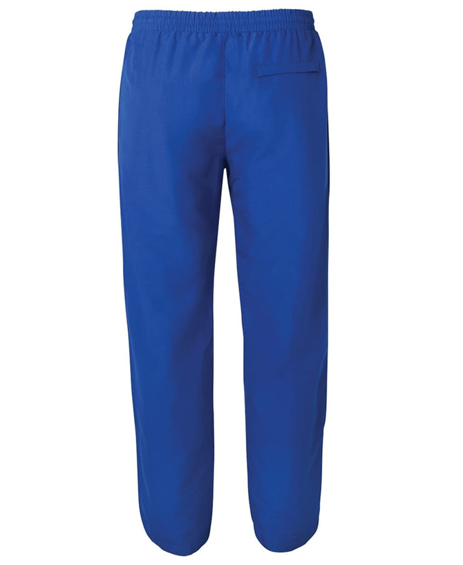 Bright blue track pants with an elastic waistband and a back pocket. Features a logo on the garment.