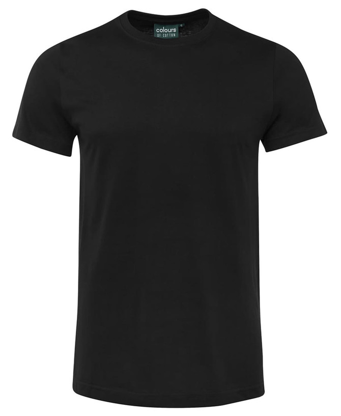 A black fitted t-shirt with short sleeves and a crew neckline, featuring a logo on the label.