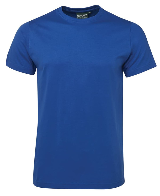 A blue fitted t-shirt featuring a logo on the neckline.