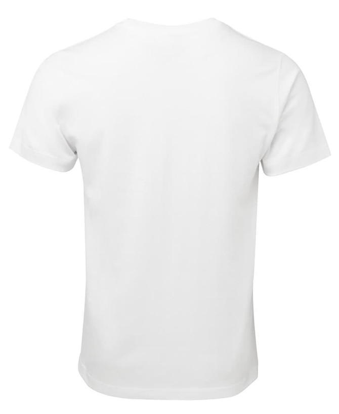 A white fitted T-shirt with a plain back and short sleeves, featuring a logo.