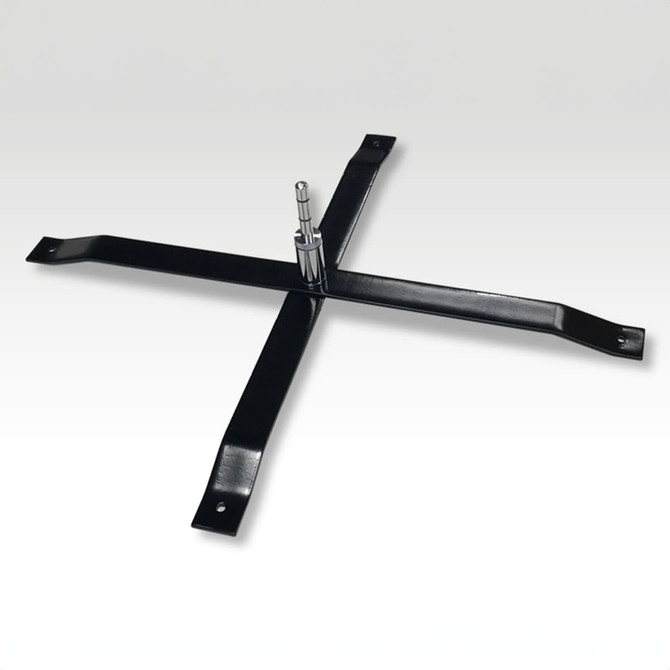 A black metal base with a cross design, designed to support a feather flag kit. Features a central joint for attachment.
