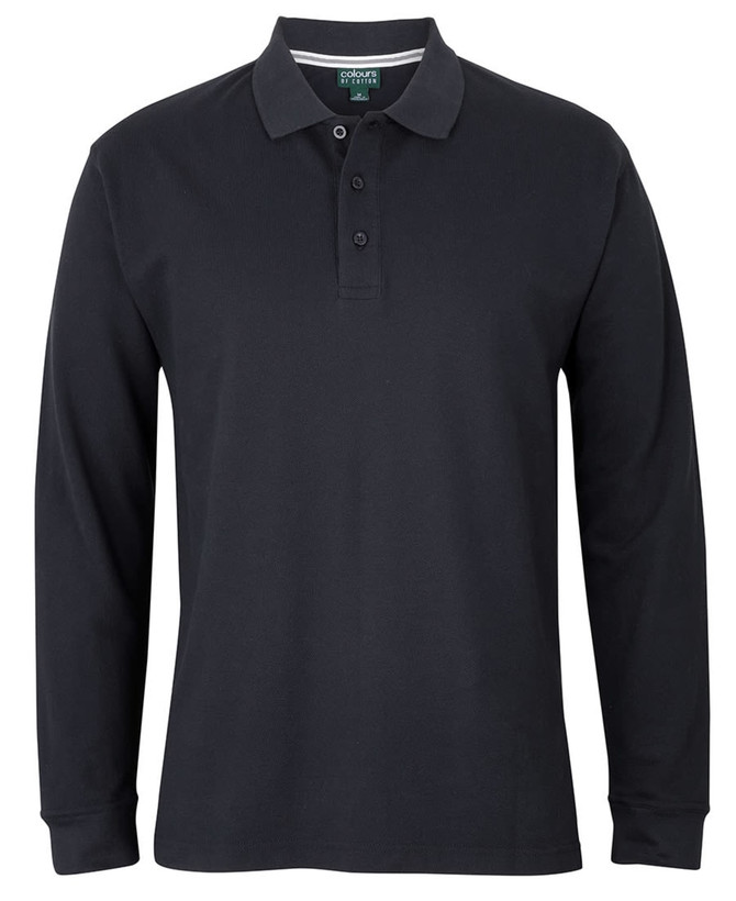 A long-sleeve black polo shirt with a collar and a three-button placket, featuring a logo.