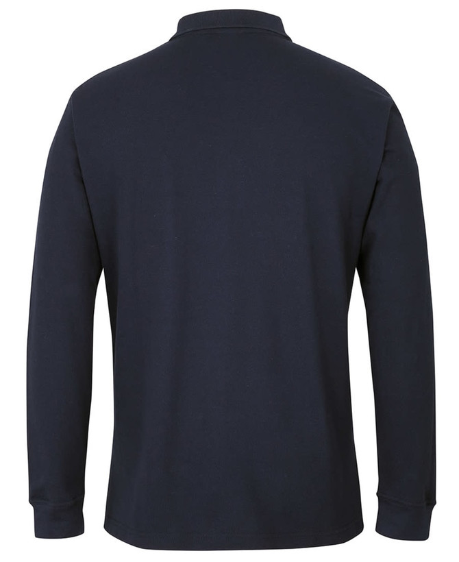 A dark navy long-sleeved pique polo shirt with a collar and branding on the back.