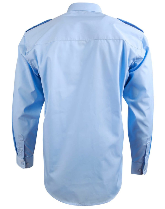 A blue long sleeve button-up shirt featuring epaulettes and a structured back. It has a logo on the collar.