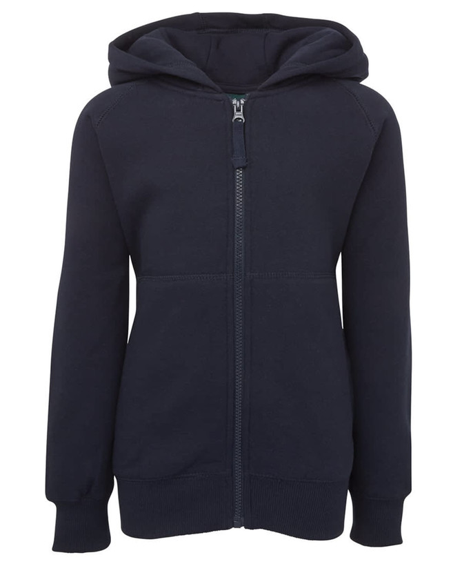 A navy hoodie with a zip front and a fitted design, featuring a hood and long sleeves. It includes a logo.