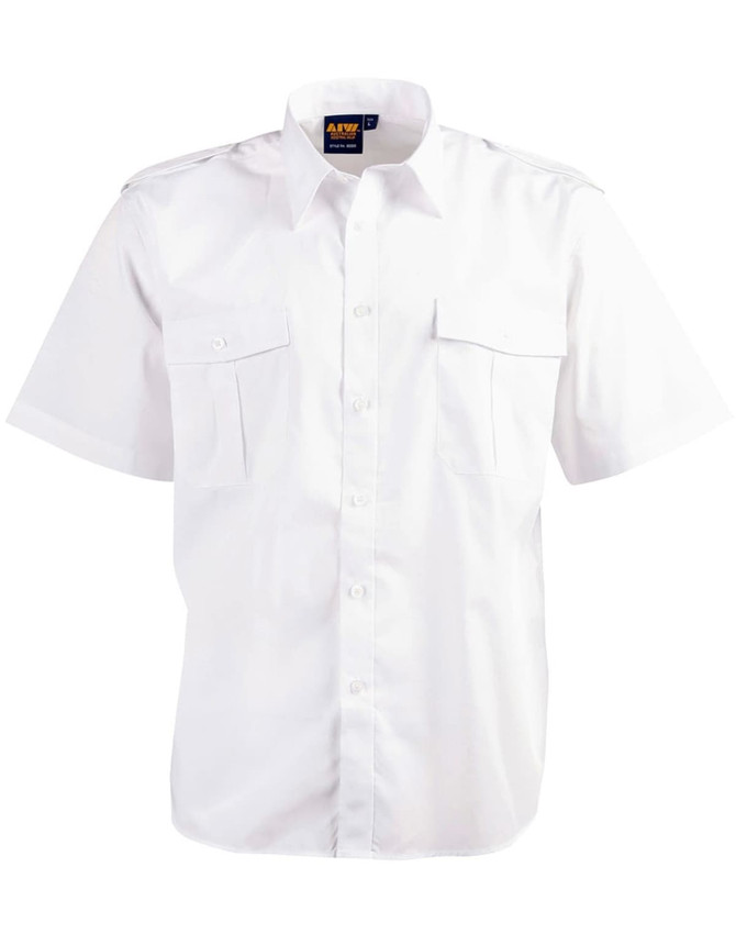 A white button-up short sleeve shirt with two front pockets and epaulettes, featuring a brand logo on the collar.