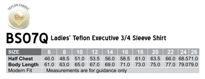 A chart displaying size measurements for women's Teflon Executive 3/4 sleeve shirts in various sizes.