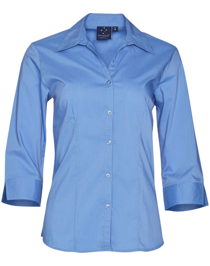 A blue women's button-up shirt with a Teflon finish and 3/4 sleeves, featuring a collar and buttons.