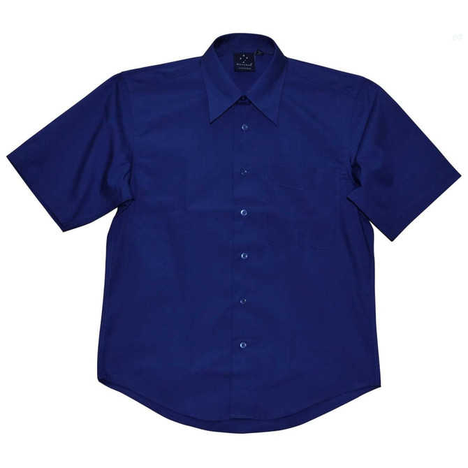 A navy short sleeve button-up shirt with a collar and one chest pocket, featuring a logo.