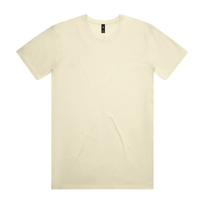A plain cream T-shirt with a round neck and short sleeves. It features a logo in the neckline area.