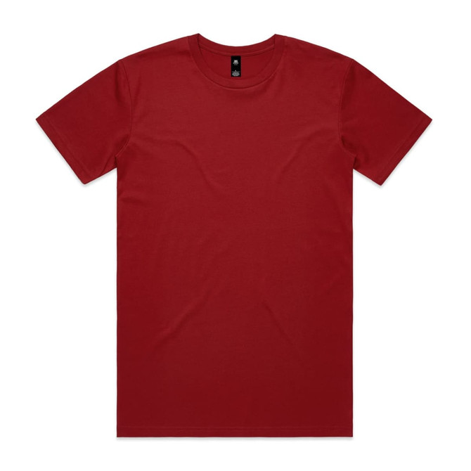 A red T-shirt with a crew neck and short sleeves, featuring a small logo on the neckline.