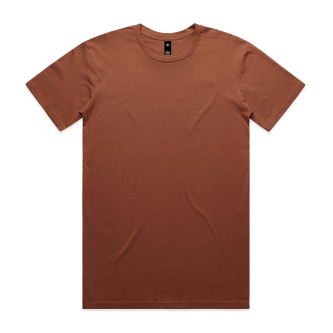 A brown T-shirt with a crew neck and short sleeves, featuring a logo label inside the collar.