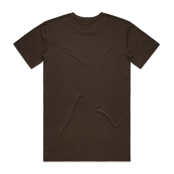 A dark olive green T-shirt featuring a simple design and a logo on the back.