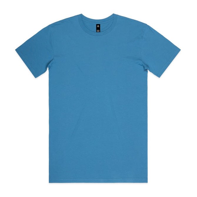 A light blue T-shirt with short sleeves and a round neckline, featuring a label inside.