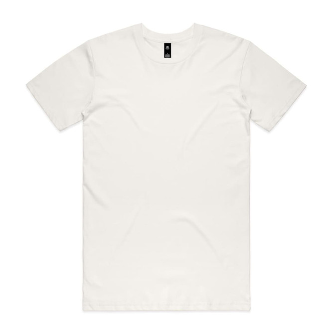 A plain white T-shirt with a crew neck and a label at the neckline. The shirt is unembellished and has no logos.